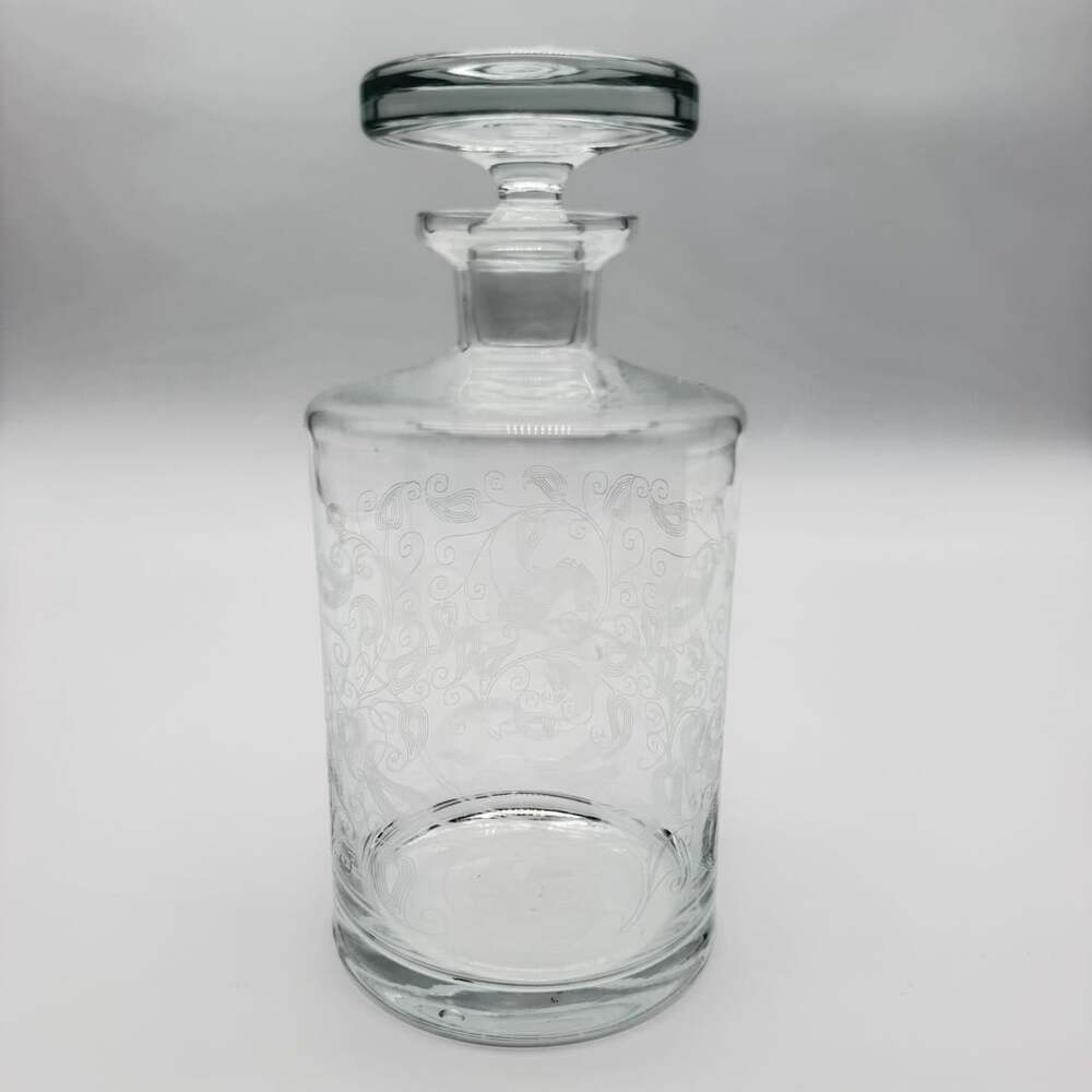 Vintage Clear Glass Etched Decanter with Stopper Leaf Vine 7.5 Inch